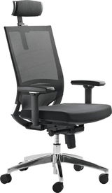 Ergonomischer Drehstuhl mit Netzrückenlehne und verstellbarer Kopfstütze, seitliche Perspektive