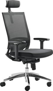 Ergonomischer Drehstuhl mit Netzrückenlehne und verstellbarer Kopfstütze, seitliche Perspektive