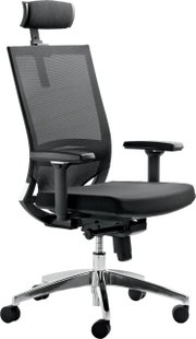 Ergonomischer Drehstuhl mit Netzrückenlehne und verstellbarer Kopfstütze, seitliche Perspektive