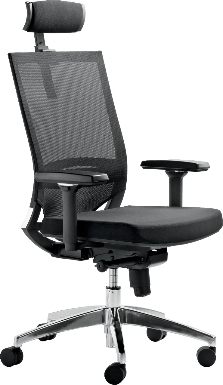Ergonomischer Drehstuhl mit Netzrückenlehne und verstellbarer Kopfstütze, seitliche Perspektive