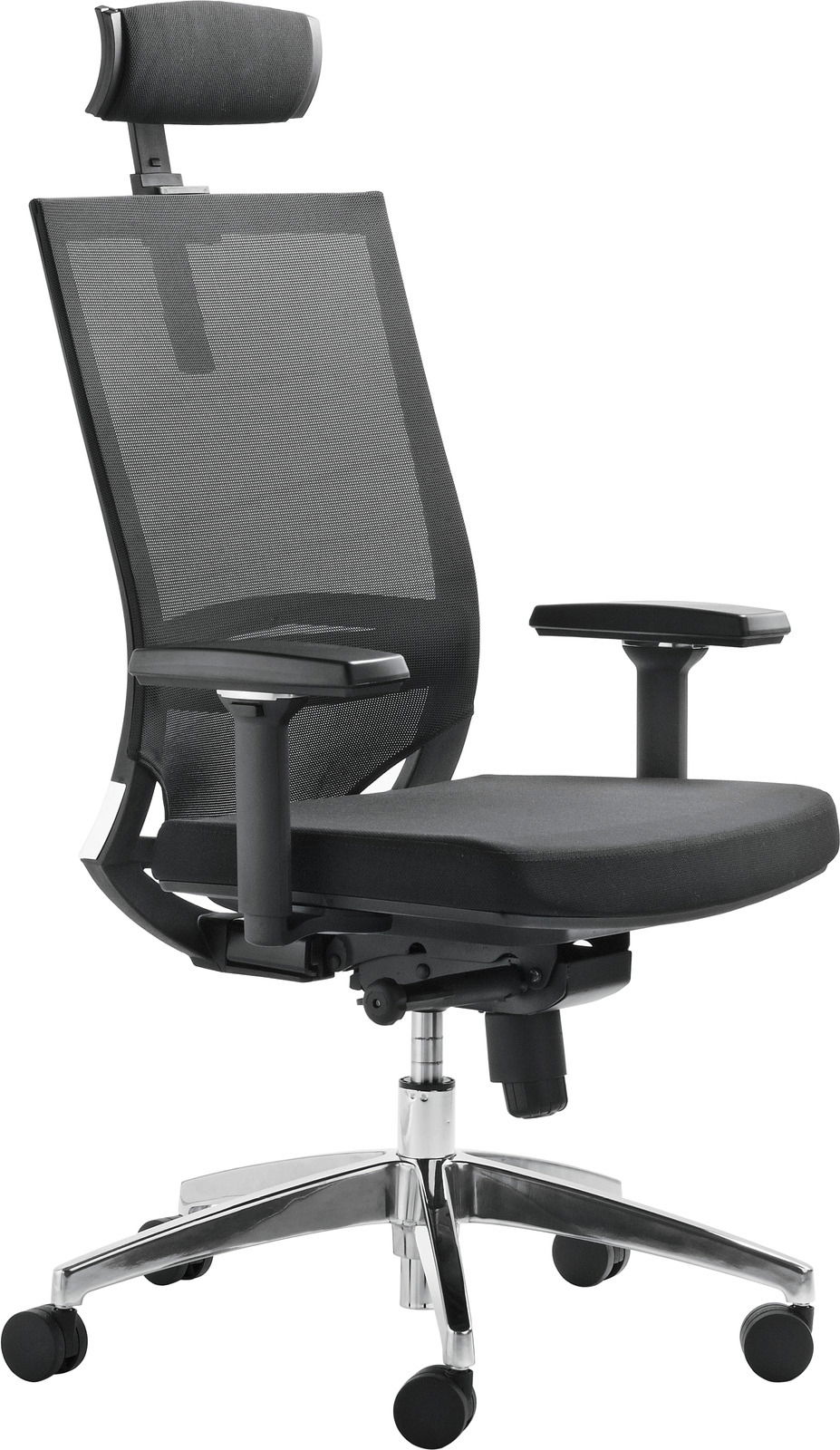 Ergonomischer Drehstuhl mit Netzrückenlehne und verstellbarer Kopfstütze, seitliche Perspektive