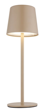 Moderne Tischleuchte in Beige, frontal abgebildet mit schlichtem Design und zylindrischem Lampenschirm.