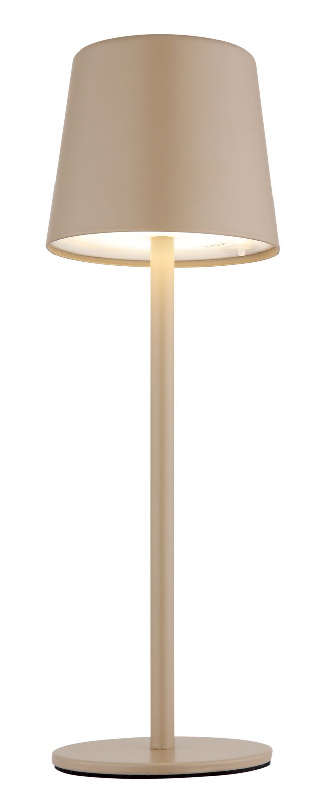 Moderne Tischleuchte in Beige, frontal abgebildet mit schlichtem Design und zylindrischem Lampenschirm.