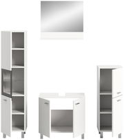 Badkombination bestehend aus einem hohen Schrank mit Glastür, einem Waschbeckenunterschrank und einem weiteren hohen Schrank, alle in weißer Farbe, aus der Frontalperspektive.