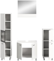 Badkombination bestehend aus einem hohen Schrank mit Glastür, einem Waschbeckenunterschrank und einem weiteren hohen Schrank, alle in weißer Farbe, aus der Frontalperspektive.