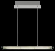 Moderne LED-Hängeleuchte in rechteckiger Form, von unten betrachtet, mit zwei dünnen Kabeln an einer Deckenhalterung befestigt.