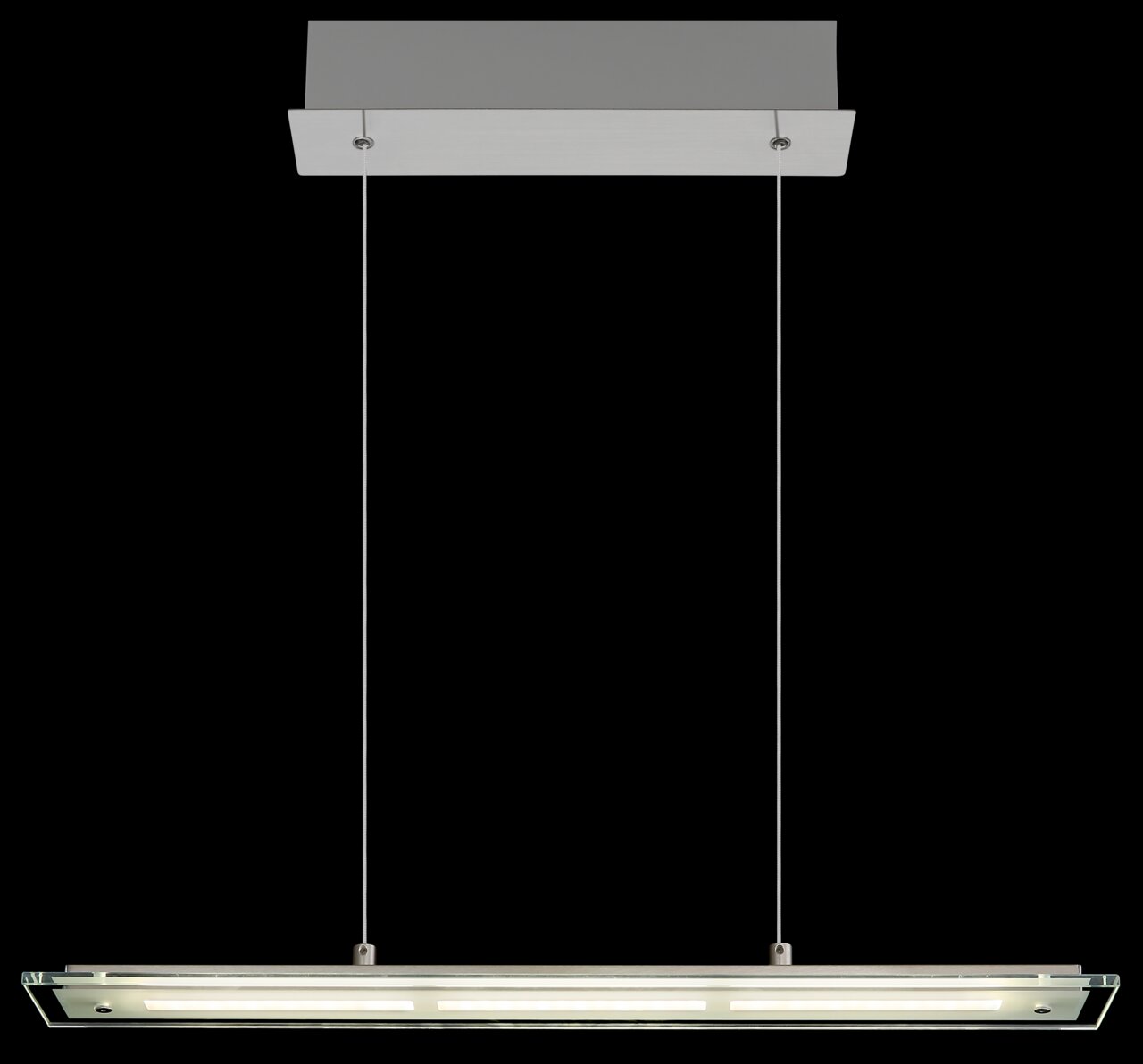 Moderne LED-Hängeleuchte in rechteckiger Form, von unten betrachtet, mit zwei dünnen Kabeln an einer Deckenhalterung befestigt.