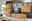 Moderne Wandkombination aus Holz mit TV-Schrank, Hängeschrank und Regal, frontal betrachtet.