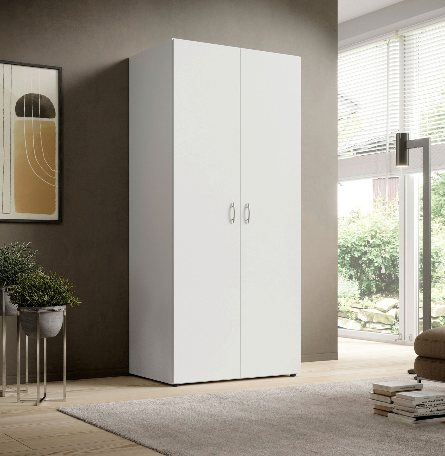 Zweiflügeliger Drehtürenschrank in modernem Wohnzimmer, seitliche Perspektive