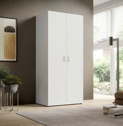 Zweiflügeliger Drehtürenschrank in modernem Wohnzimmer, seitliche Perspektive