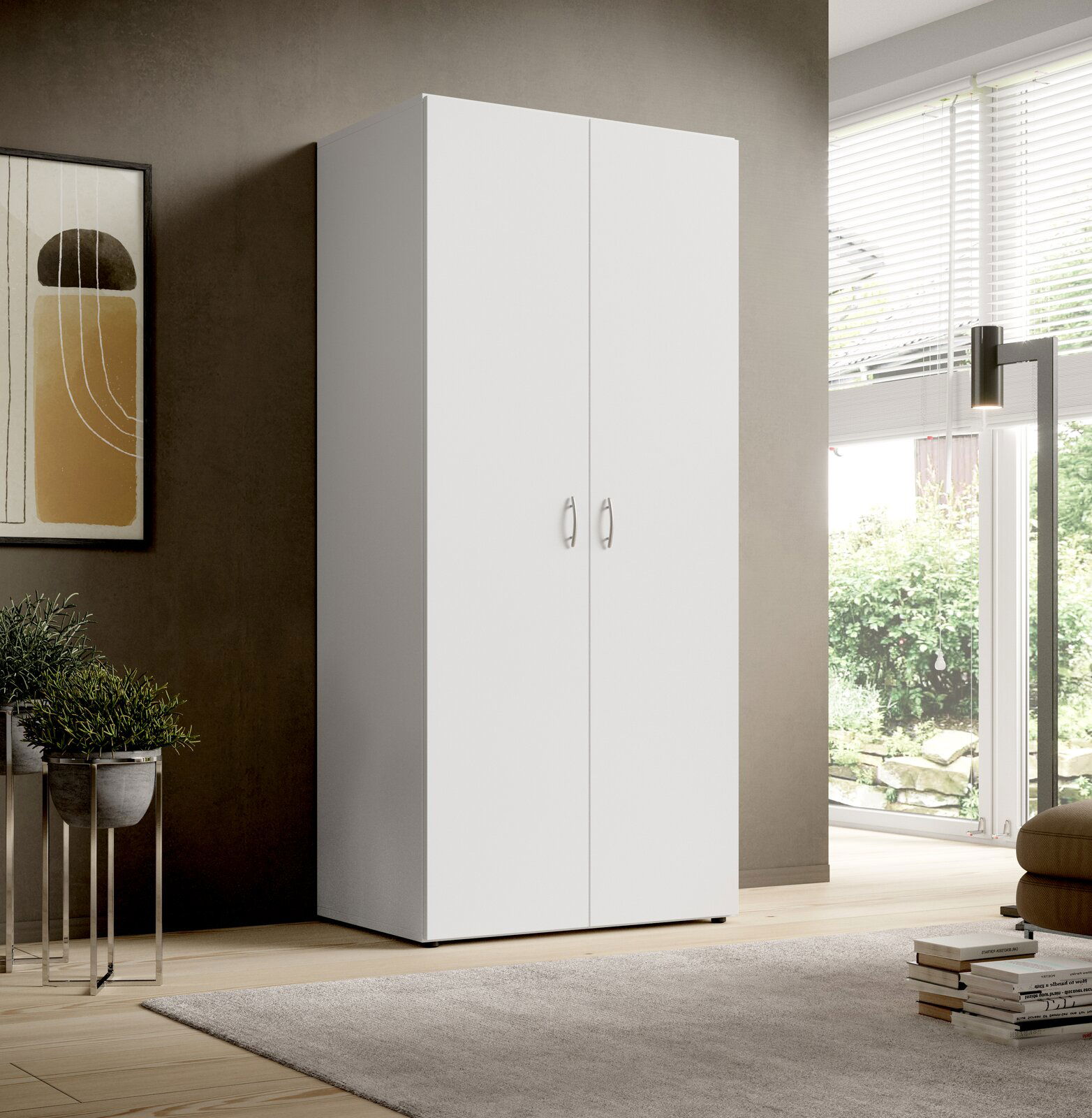 Zweiflügeliger Drehtürenschrank in modernem Wohnzimmer, seitliche Perspektive