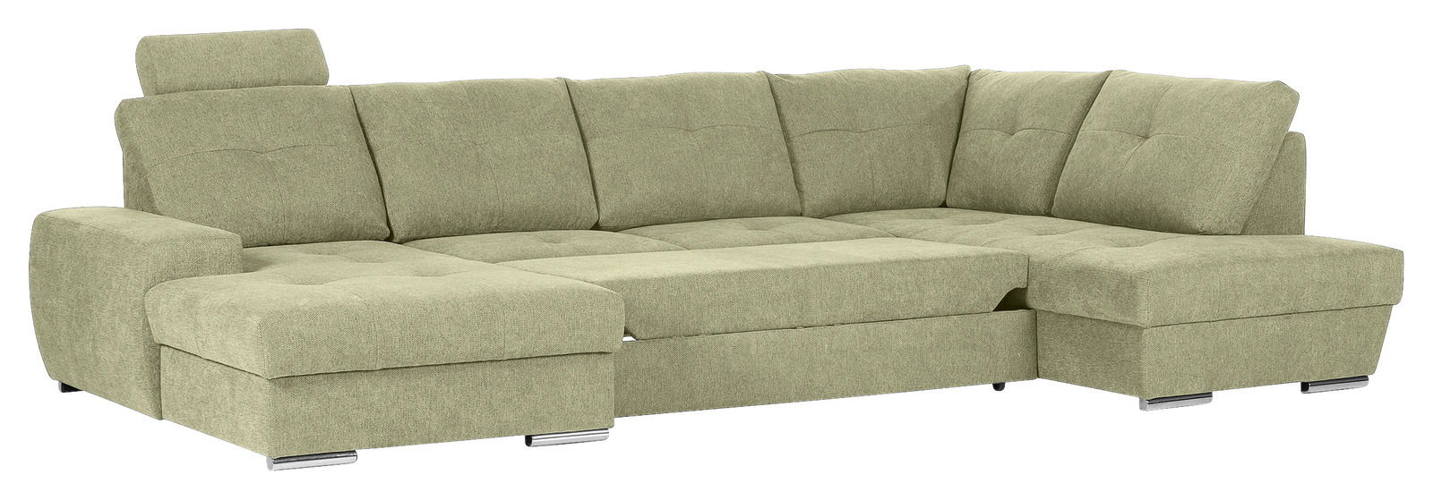 Grünes Ecksofa mit Ottomane links, moderne Polsterung, Ansicht von vorne.