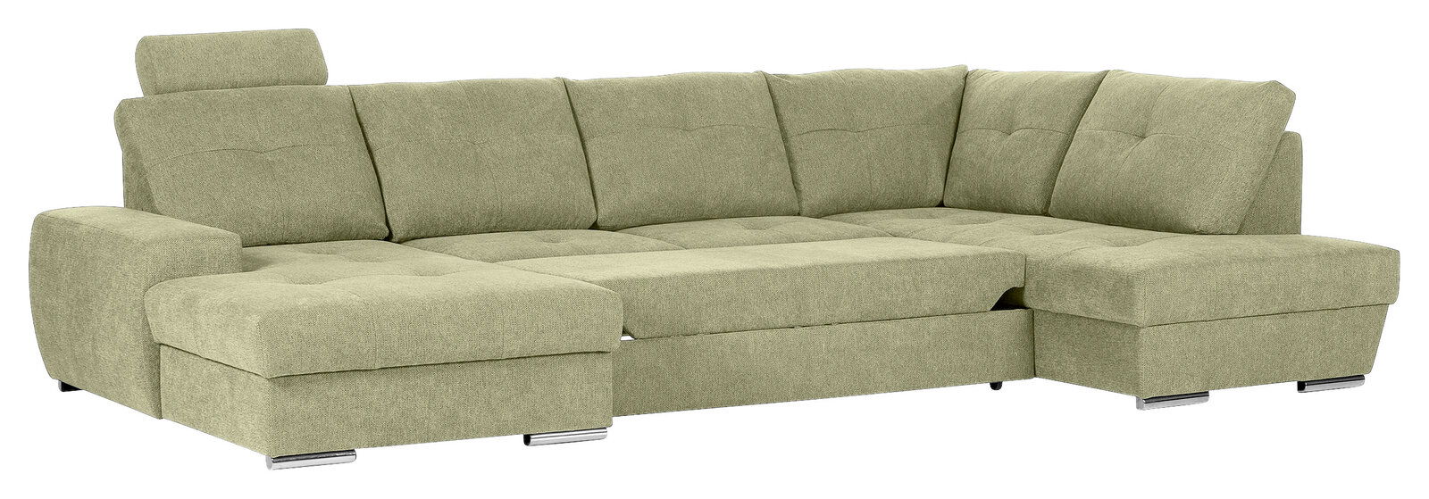 Grünes Ecksofa mit Ottomane links, moderne Polsterung, Ansicht von vorne.