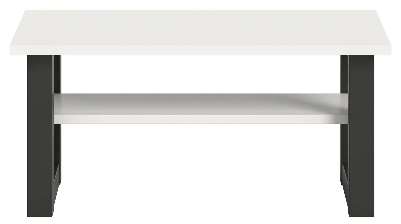 Moderner Couchtisch mit weißer Tischplatte und schwarzem Gestell, frontal betrachtet.