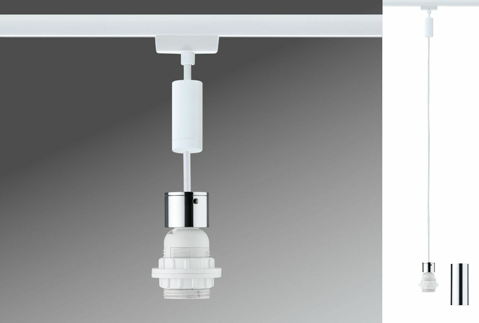 Weißes Basispendel für URAIL-System von PAULMANN, seitliche Ansicht, mit zylindrischem Gehäuse und Lampenfassung.