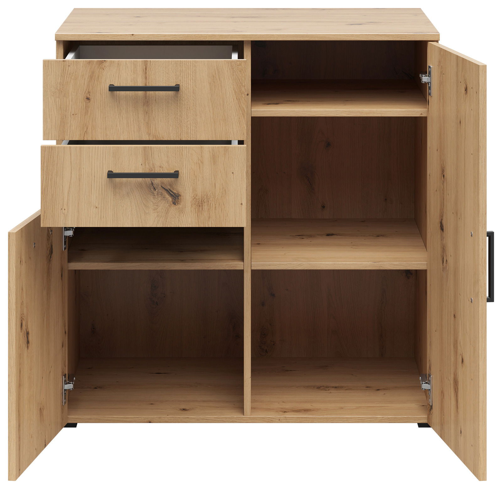 Kommode aus Holz mit zwei Schubladen und zwei offenen Türen, frontale Ansicht