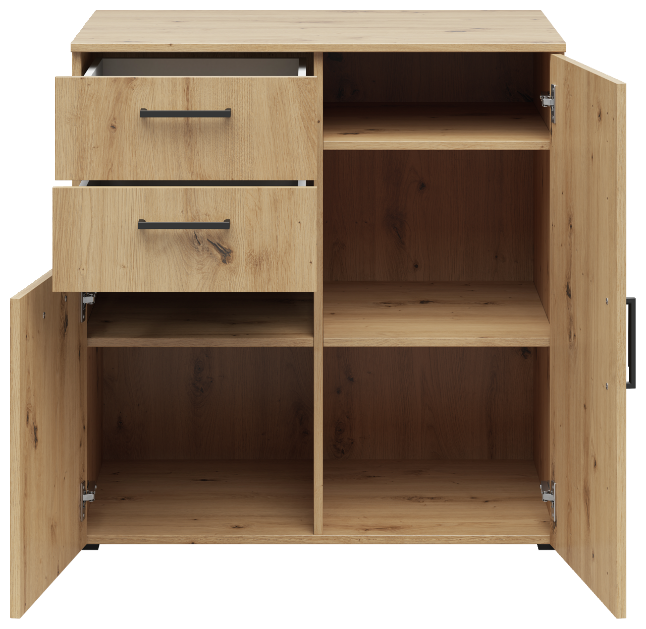 Kommode aus Holz mit zwei Schubladen und zwei offenen Türen, frontale Ansicht