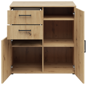 Kommode aus Holz mit zwei Schubladen und zwei offenen Türen, frontale Ansicht