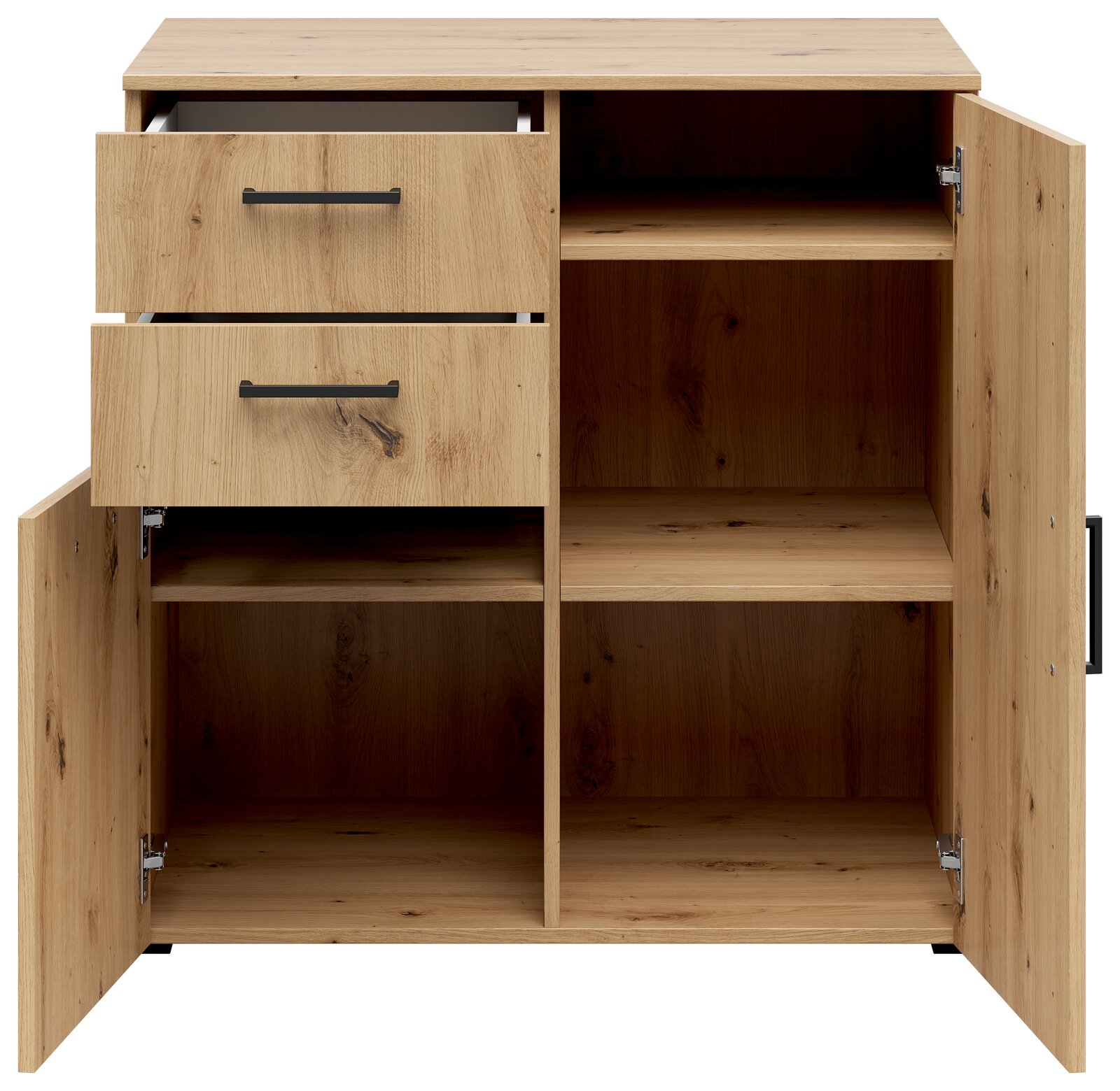 Kommode aus Holz mit zwei Schubladen und zwei offenen Türen, frontale Ansicht