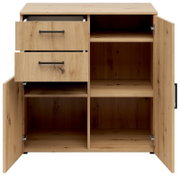 Kommode aus Holz mit zwei Schubladen und zwei offenen Türen, frontale Ansicht