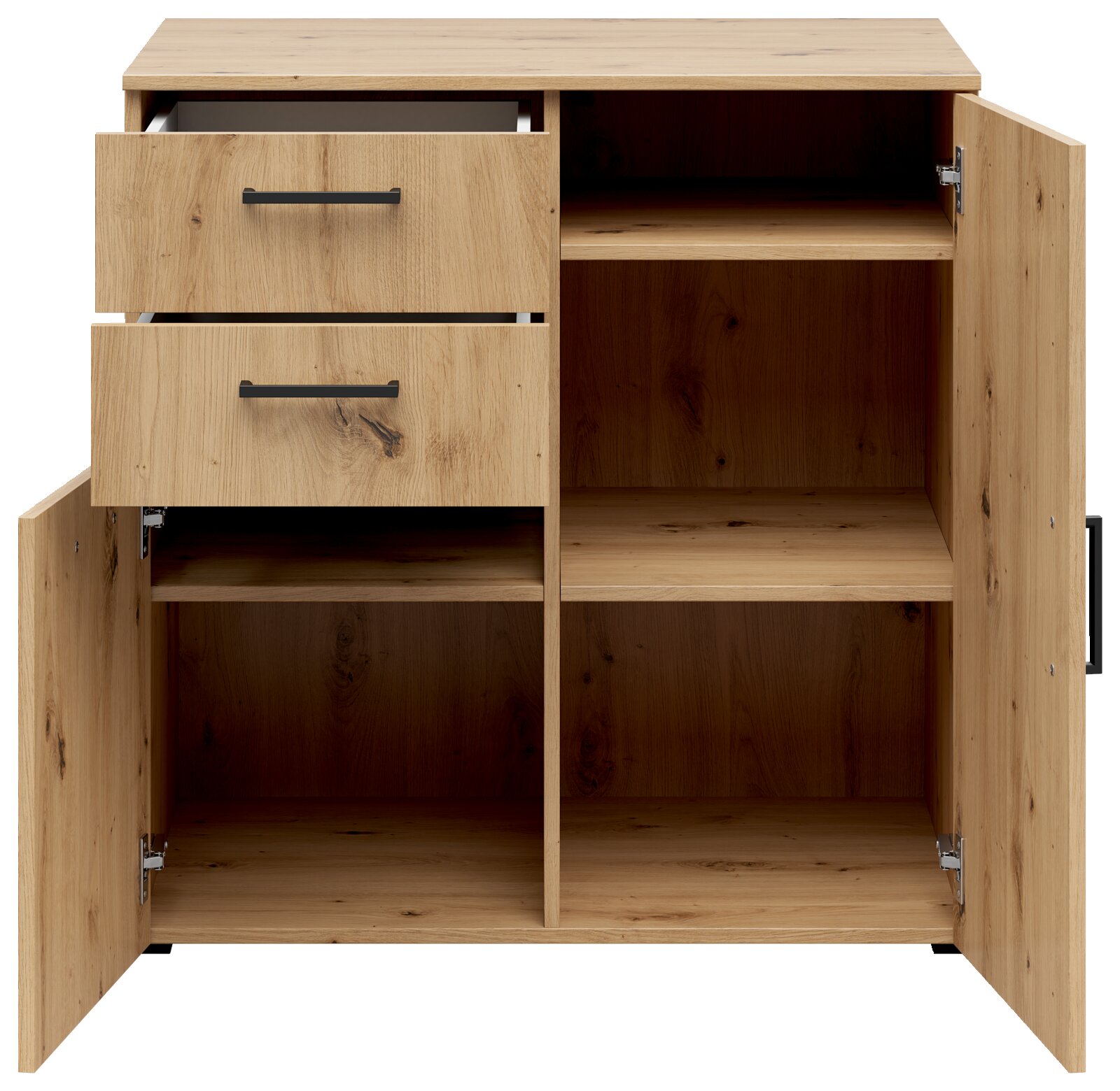 Kommode aus Holz mit zwei Schubladen und zwei offenen Türen, frontale Ansicht