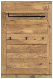 Frontale Ansicht eines Garderobenpaneels aus Holz mit drei schwarzen Haken und einer Ablage.