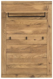 Frontale Ansicht eines Garderobenpaneels aus Holz mit drei schwarzen Haken und einer Ablage.