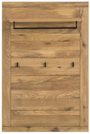 Frontale Ansicht eines Garderobenpaneels aus Holz mit drei schwarzen Haken und einer Ablage.
