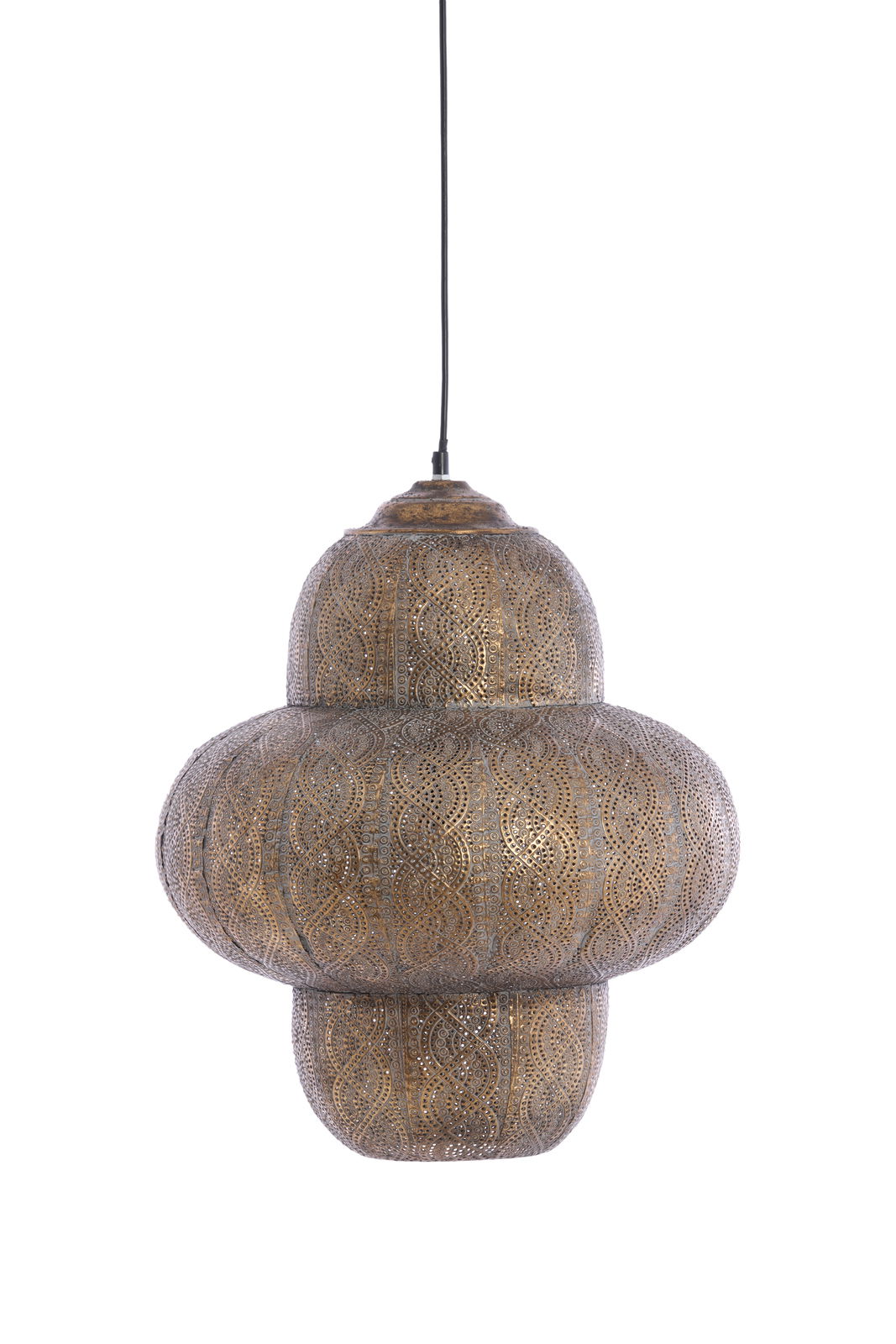 Orientalische Hängeleuchte aus Metall mit filigranen Mustern, seitliche Perspektive