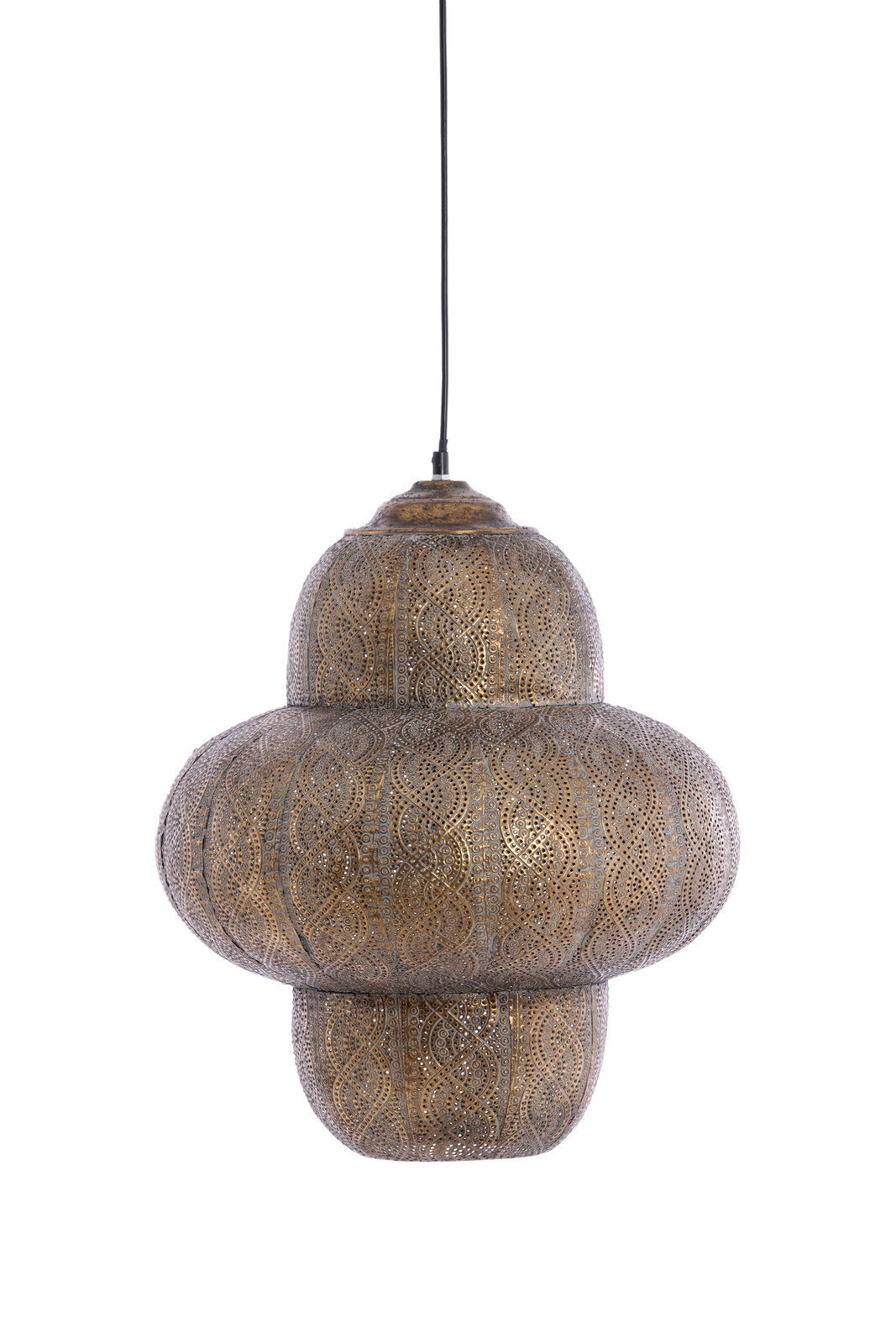 Orientalische Hängeleuchte aus Metall mit filigranen Mustern, seitliche Perspektive
