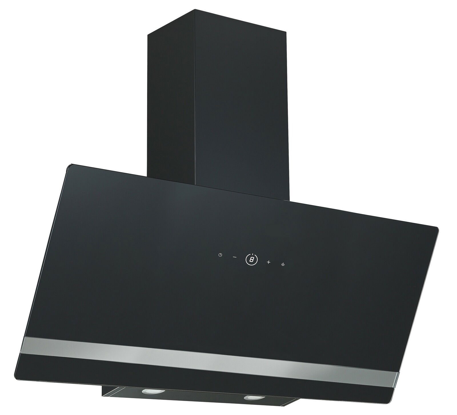 Moderne schwarze Dunstabzugshaube mit schrägem Design, Frontansicht