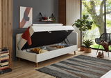 Polsterbett mit hochgeklappter Matratze und Stauraum, seitliche Perspektive, modernes Schlafzimmerdesign