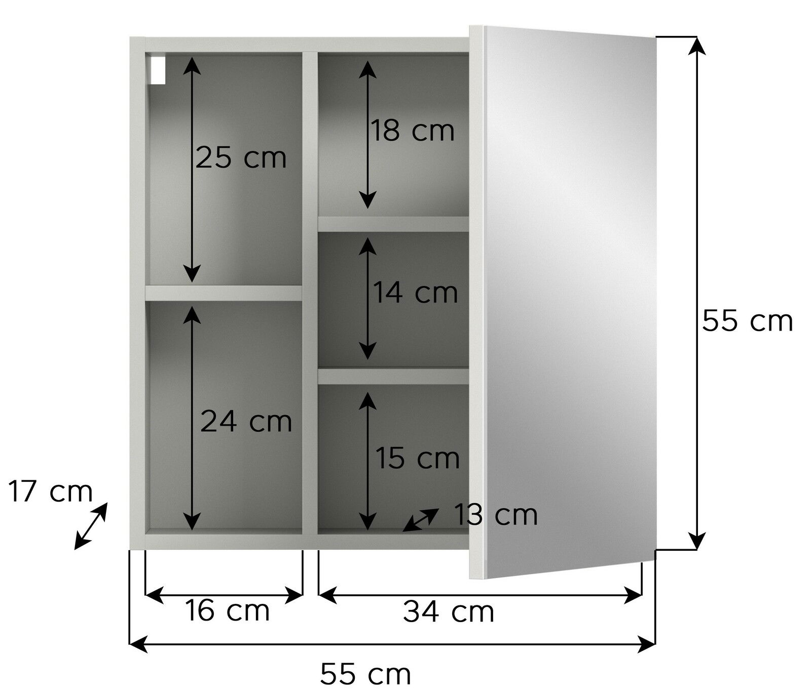 Spiegelschrank mit offenen Fächern und Maßen, Frontansicht