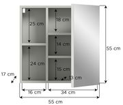 Spiegelschrank mit offenen Fächern und Maßen, Frontansicht