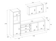 Technische Zeichnung eines Küchenblocks mit Schränken und Schubladen, perspektivische Ansicht von vorne.