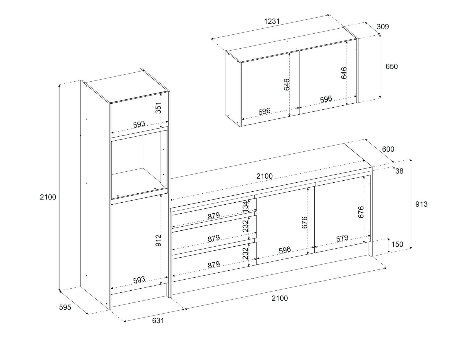 Technische Zeichnung eines Küchenblocks mit Schränken und Schubladen, perspektivische Ansicht von vorne.