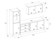 Technische Zeichnung eines Küchenblocks mit Schränken und Schubladen, perspektivische Ansicht von vorne.