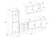 Technische Zeichnung eines Küchenblocks mit Schränken und Schubladen, perspektivische Ansicht von vorne.
