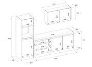 Technische tekening van een keukenblok met kasten en lades, perspectivisch aanzicht van voren.