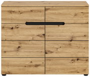 Frontansicht einer Kommode aus hellem Holz mit sechs Schubladen und einem schwarzen Griff.