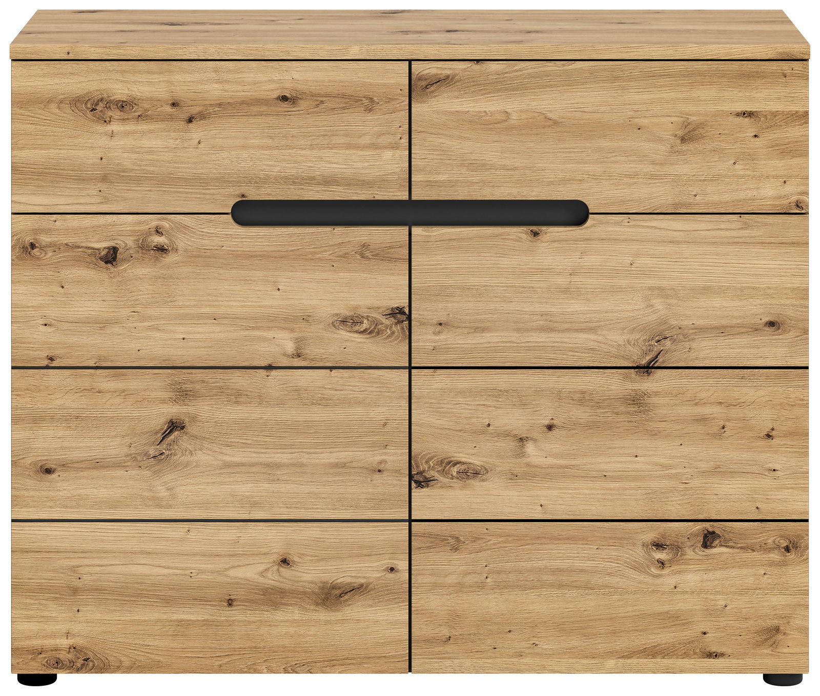 Frontansicht einer Kommode aus hellem Holz mit sechs Schubladen und einem schwarzen Griff.