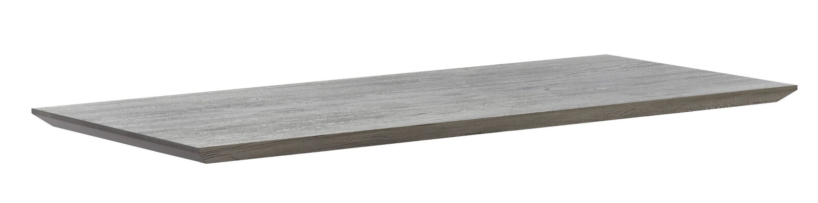 Graue Tischplatte aus Holzoptik, seitliche Perspektive