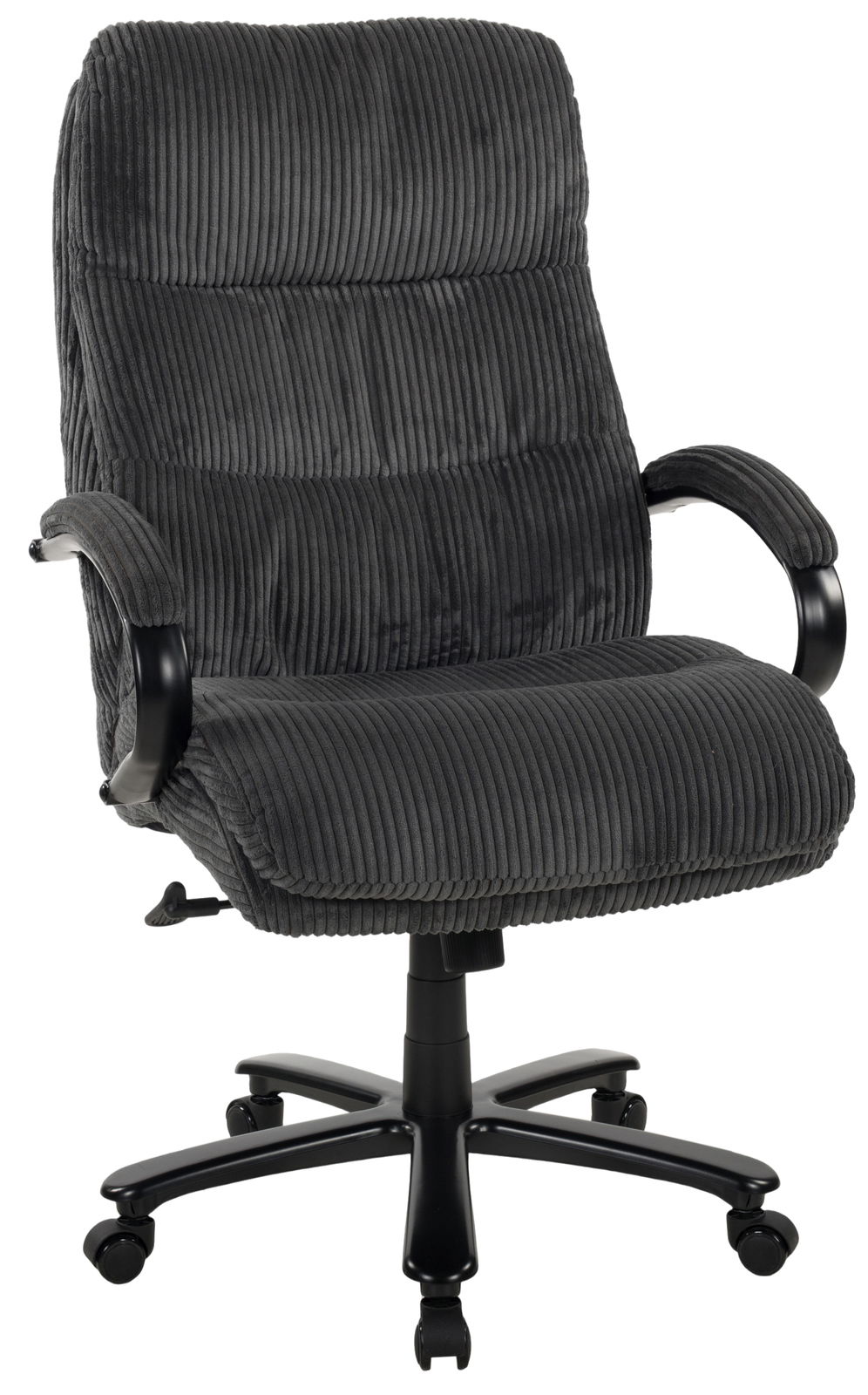 Grauer Chefsessel mit geripptem Stoffbezug, Armlehnen und Rollen, seitliche Perspektive