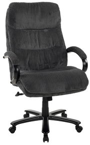 Grauer Chefsessel mit geripptem Stoffbezug, Armlehnen und Rollen, seitliche Perspektive