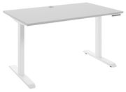 Moderner weißer E-Schreibtisch mit rechteckiger Tischplatte und höhenverstellbaren Beinen, seitliche Perspektive