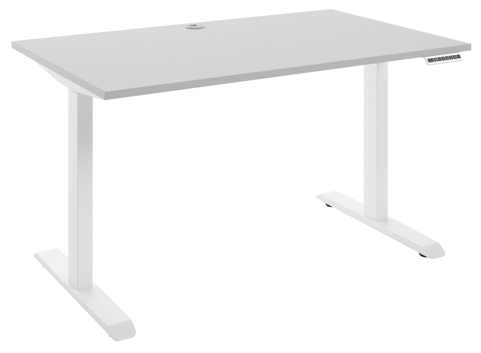 Moderner weißer E-Schreibtisch mit rechteckiger Tischplatte und höhenverstellbaren Beinen, seitliche Perspektive