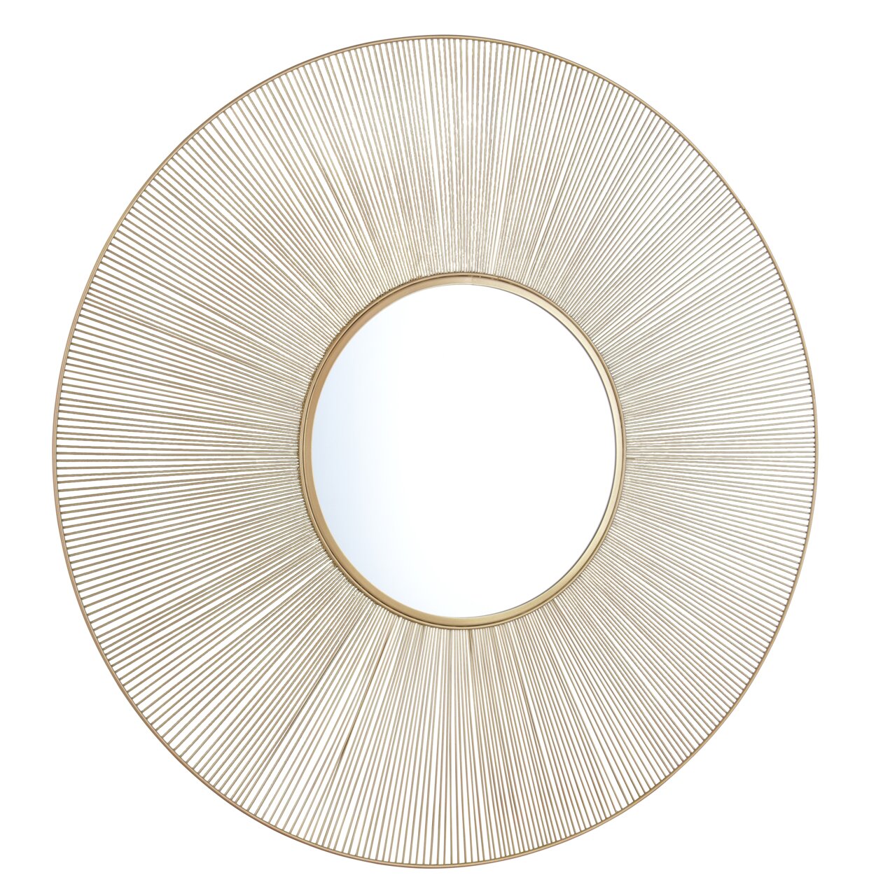 Runder Spiegel mit einem Durchmesser von 100 cm, umgeben von einem dekorativen, strahlenförmigen Rahmen aus goldfarbenen Metallstreben, frontal abgebildet.