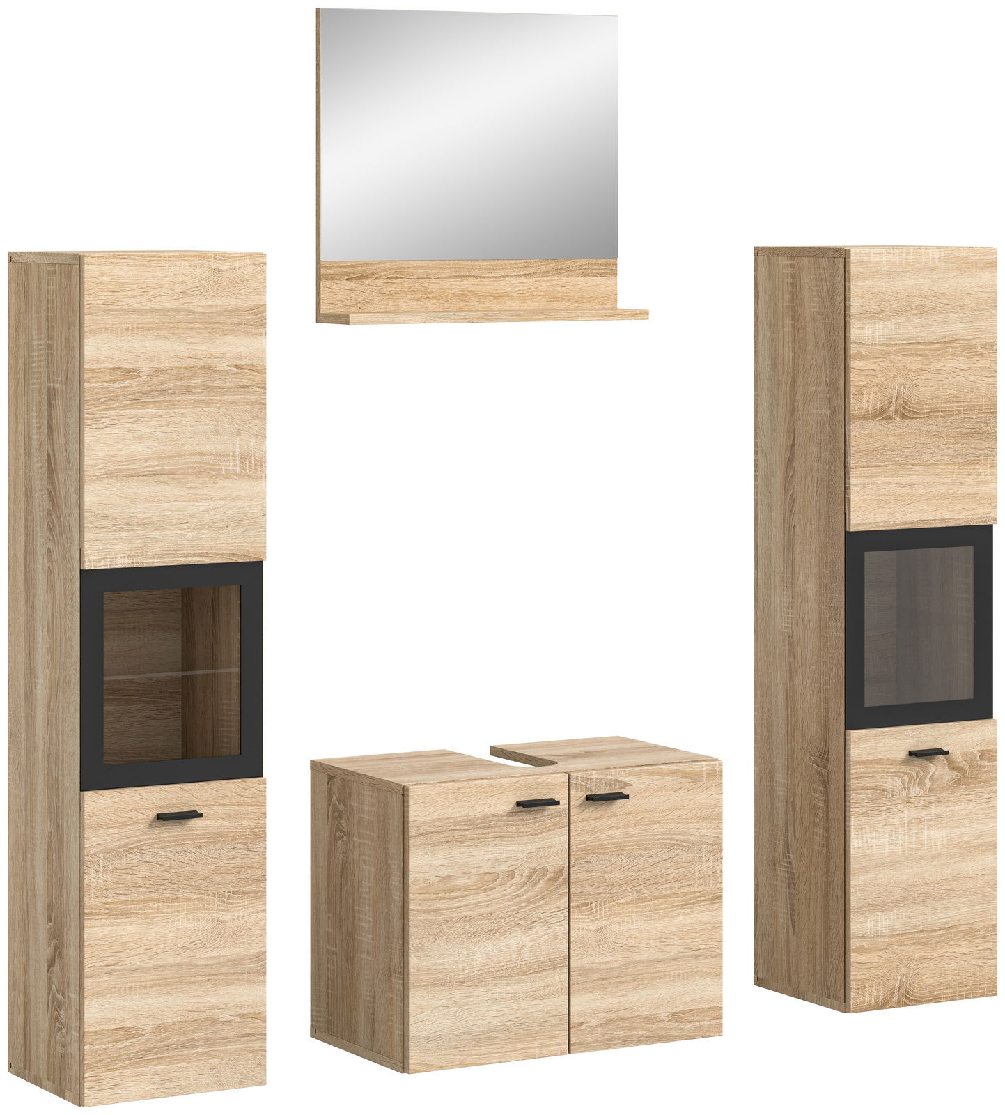 Badkombination aus Holzoptik mit zwei hohen Schränken, einem Spiegel und einem Unterschrank, frontal betrachtet.