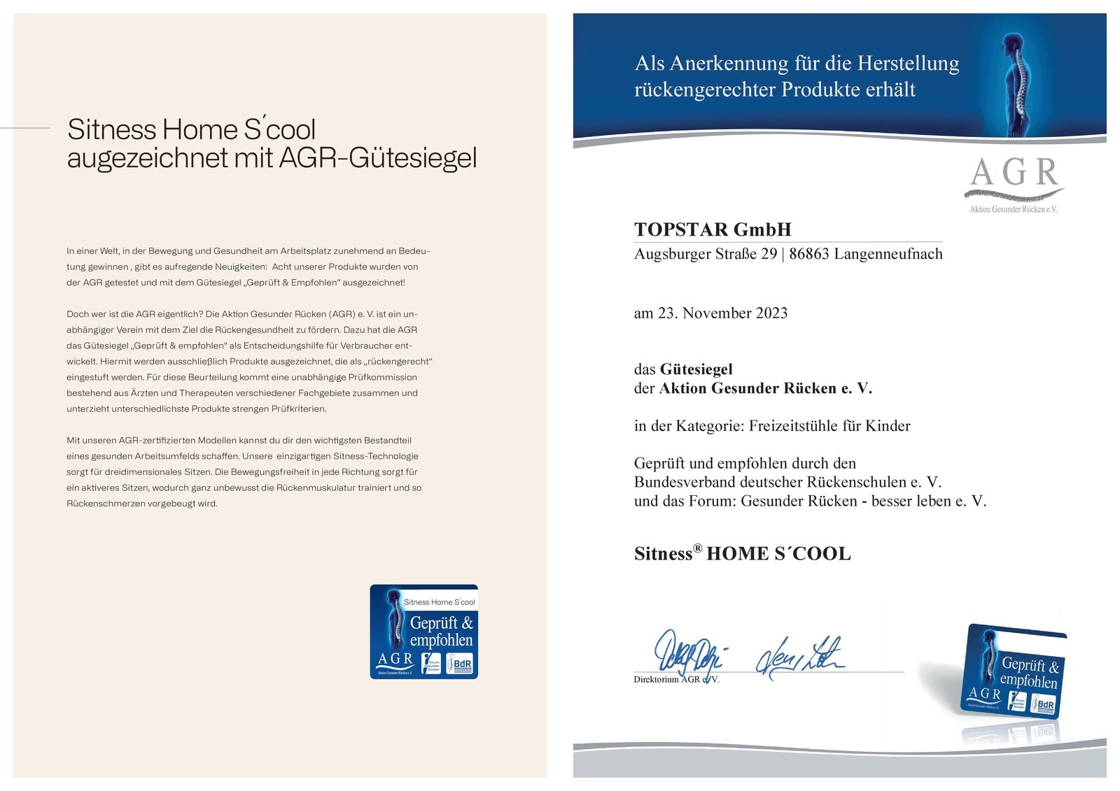 Zertifikat für den Kinder- und Jugenddrehstuhl Sitness Home S'cool mit AGR-Gütesiegel, ausgezeichnet für rückengerechte Produkte. Perspektive: Vorderansicht des Zertifikats.