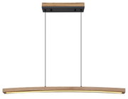 Moderne Hängeleuchte aus Holz mit gebogenem Design, von vorne betrachtet.